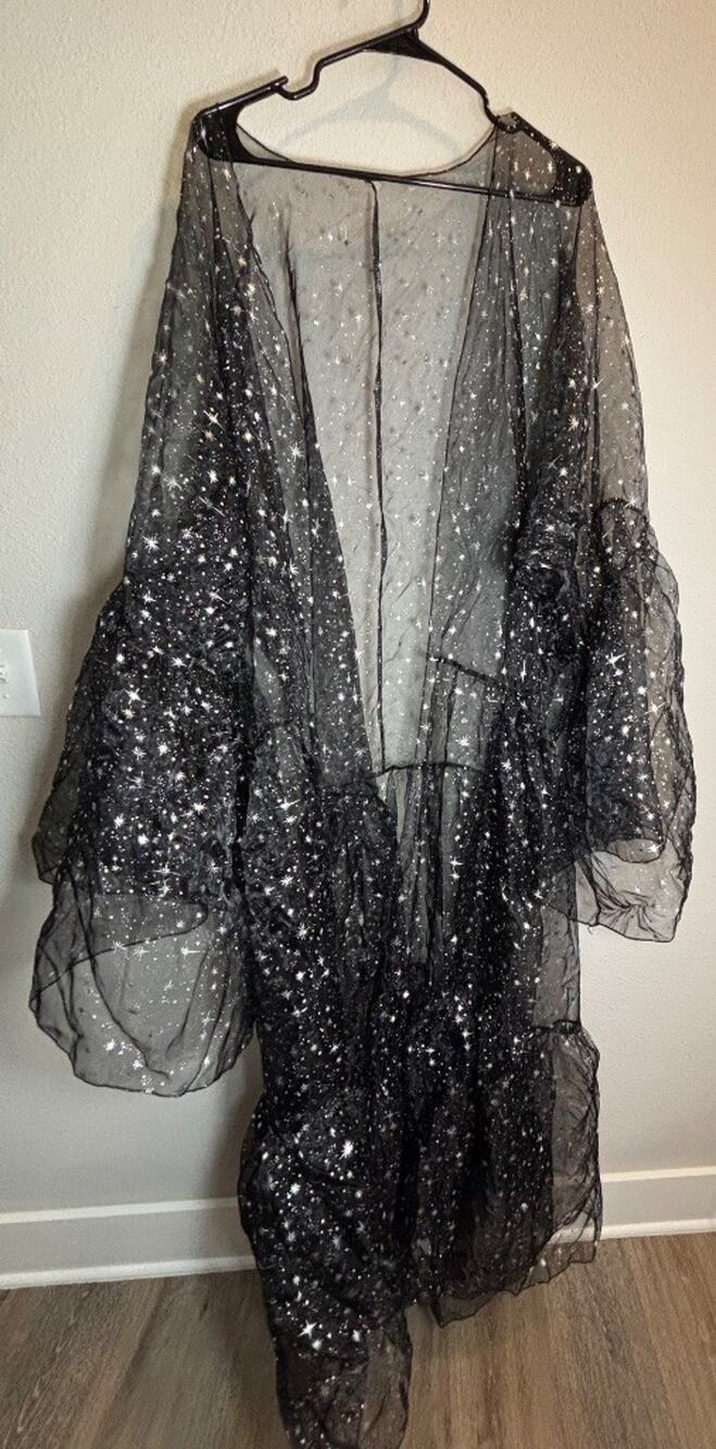 Galaxy Star Sheer Black Kimono Duster Robe Maxi Bell Sleeve Halloween OS